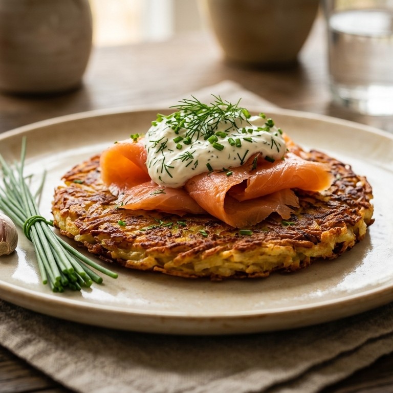 Rösti met zalm, room en dille