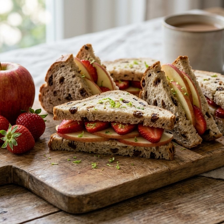 Rozijnenbroodsandwiches met appel en aardbeien