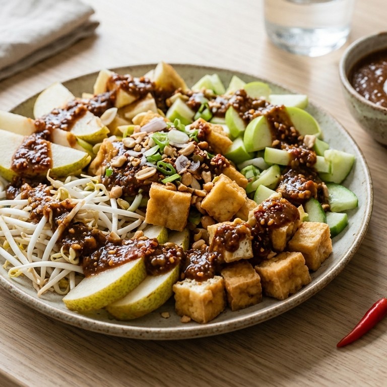 Rujak istimewa (salade van tahoe, groenten en fruit met zoet sambalsausje)