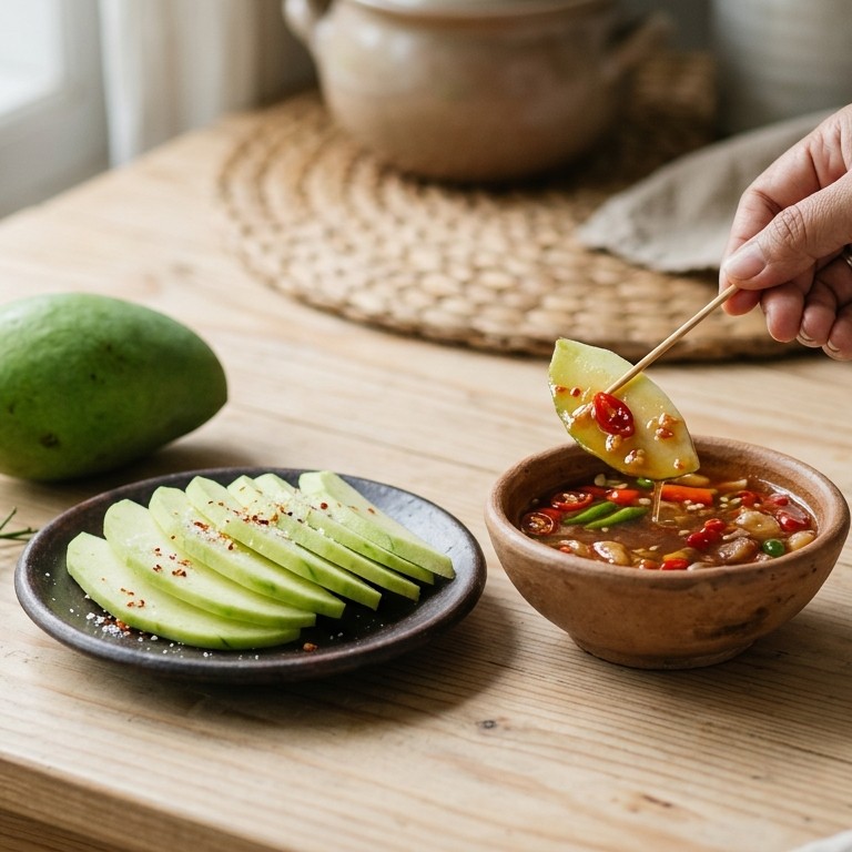 Rujak kuah pindang (mango met vissaus)