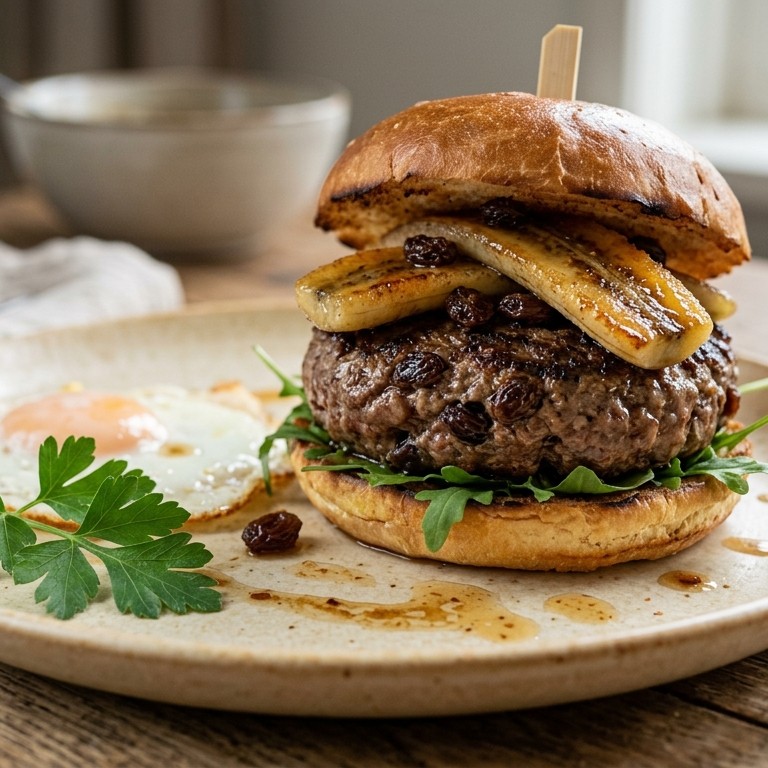 Runderburger met gebakken banaan en rozijnen
