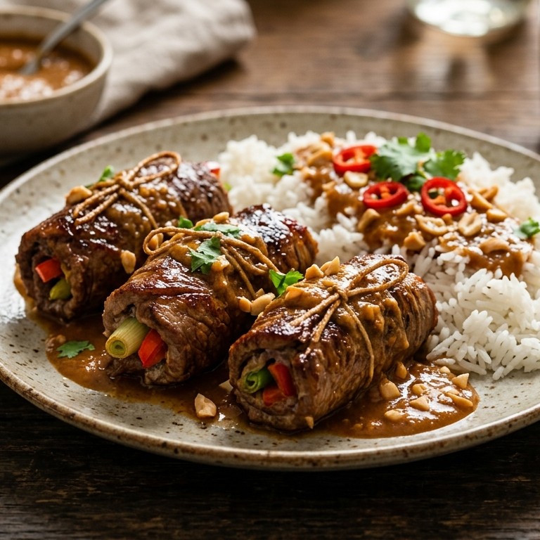 Runderlaprolletjes met satésaus en rijst