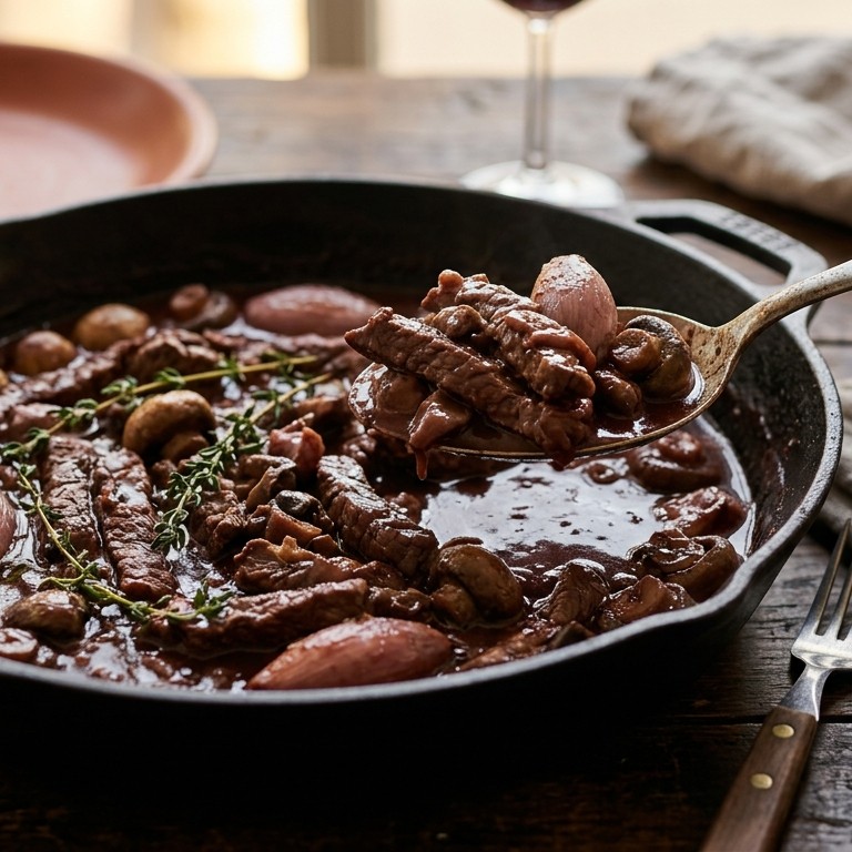 Runderreepjes met champignons in rode wijnsaus