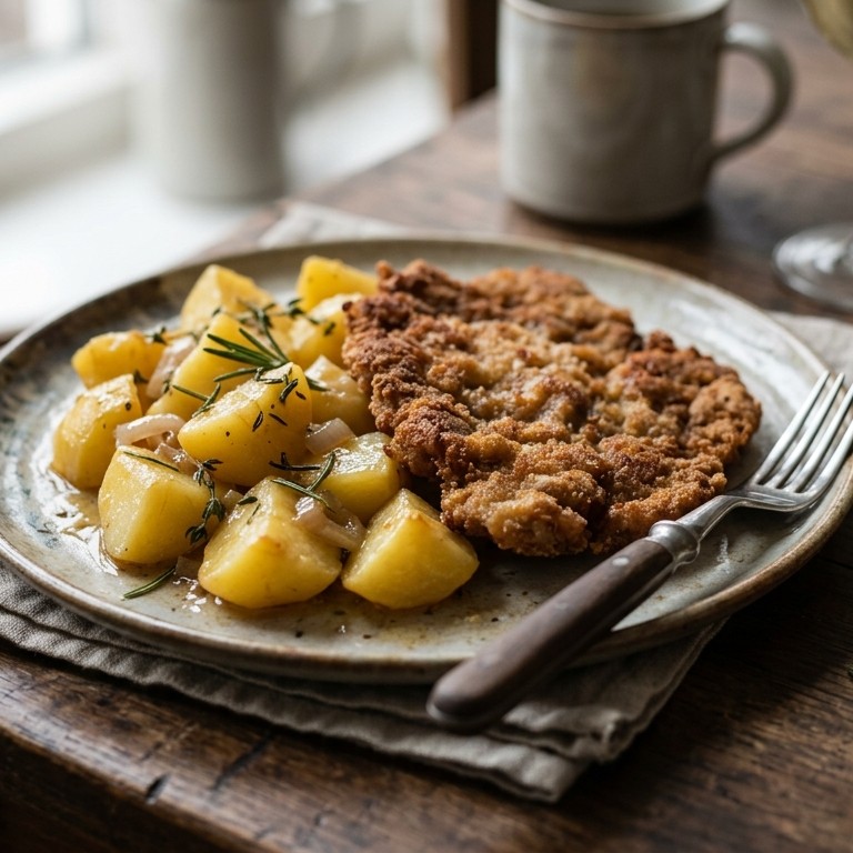 Runderschnitzel met gestoofde aardappelen