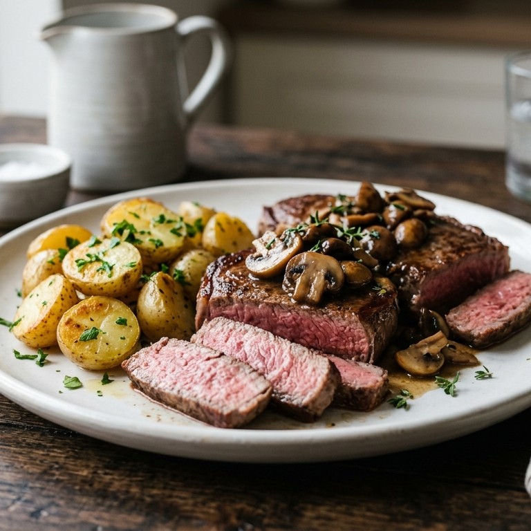 Rundersteaks met champignons en nieuwe krieltjes