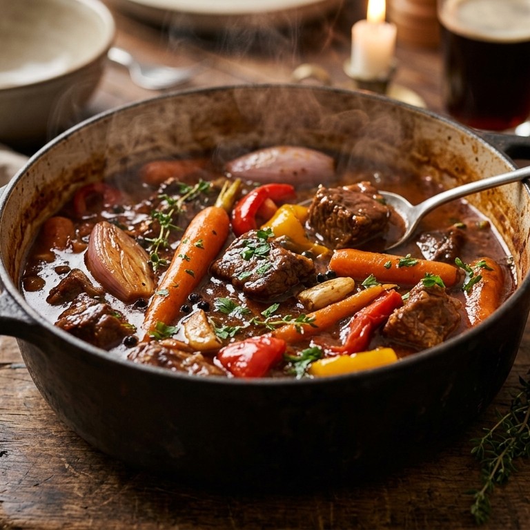 Runderstoofpotje met paprika, wortel en knoflook