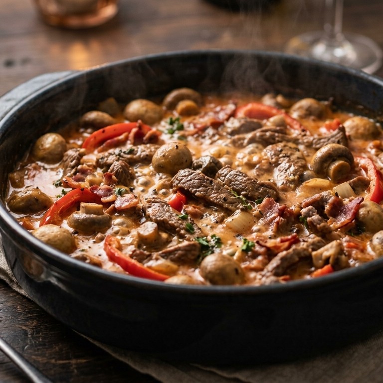 Rundvlees-ovenschotel met tomaten-champignonroom