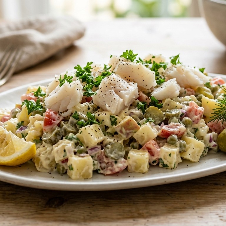 Russische salade met kabeljauwfilet
