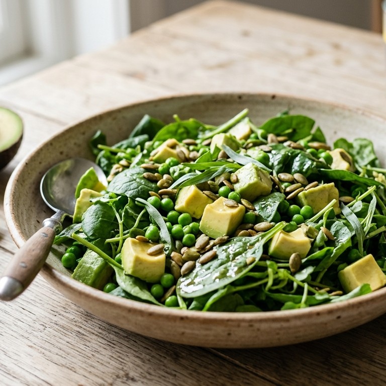 Salade met avocado, spinazie en doperwten