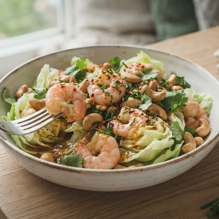 Salade met cashewnoten, garnalen en pikante dressing