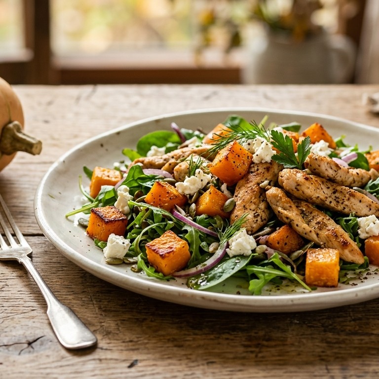 Salade met gefrituurde pompoen en kip