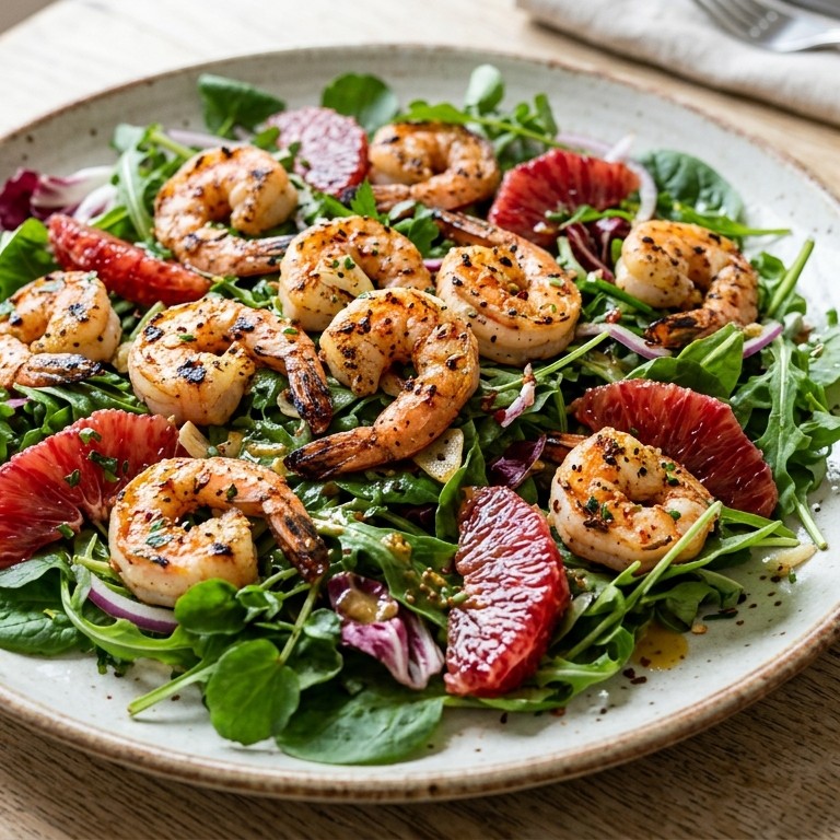 Salade met gegrilde garnalen en bloedsinaasappel