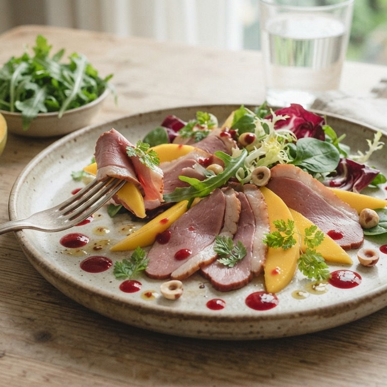 Salade met gerookte eendenham en verse mango