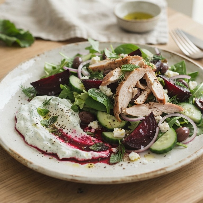 Salade met gerookte kip,bietjes en tzatziki