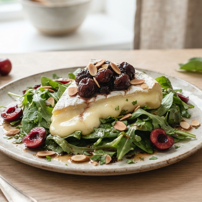Salade met warme brie, kersen en kaneeldressing