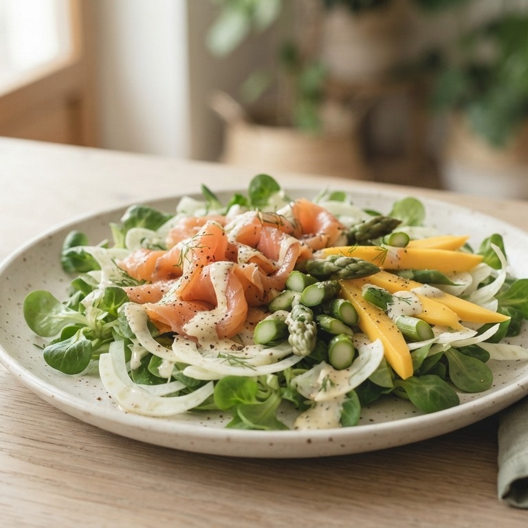 Salade met zalm, mango en asperges