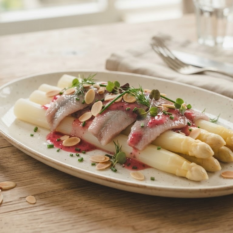 Salade van asperges en haring met amandelen