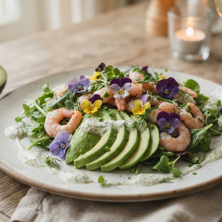 Salade van avocado, garnalen en driekleurige viooltjes