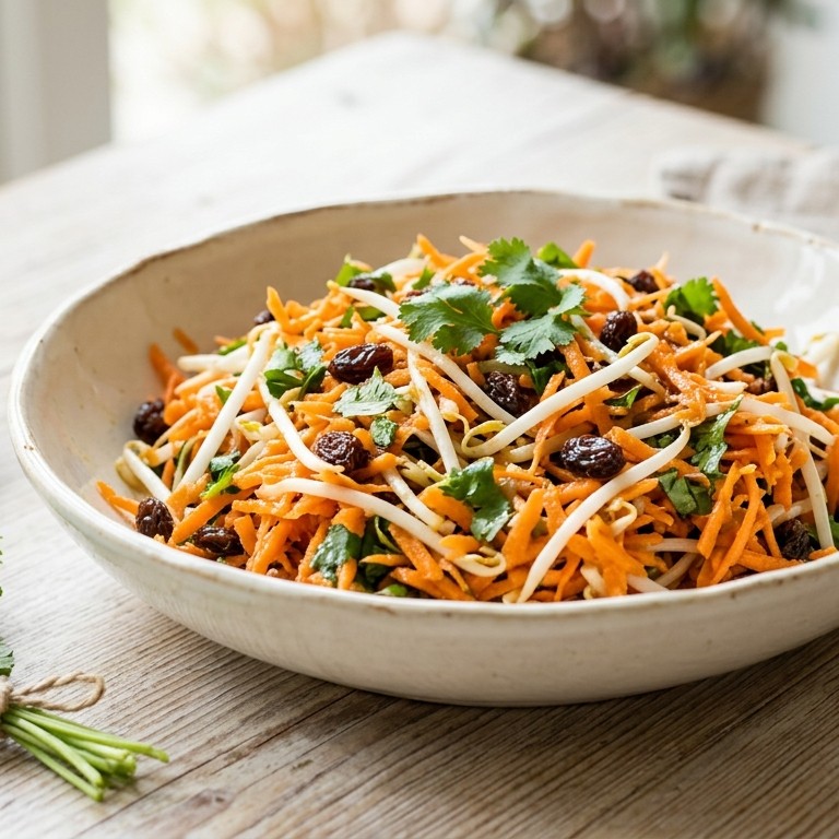 Salade van geraspte wortels, taugé en rozijnen