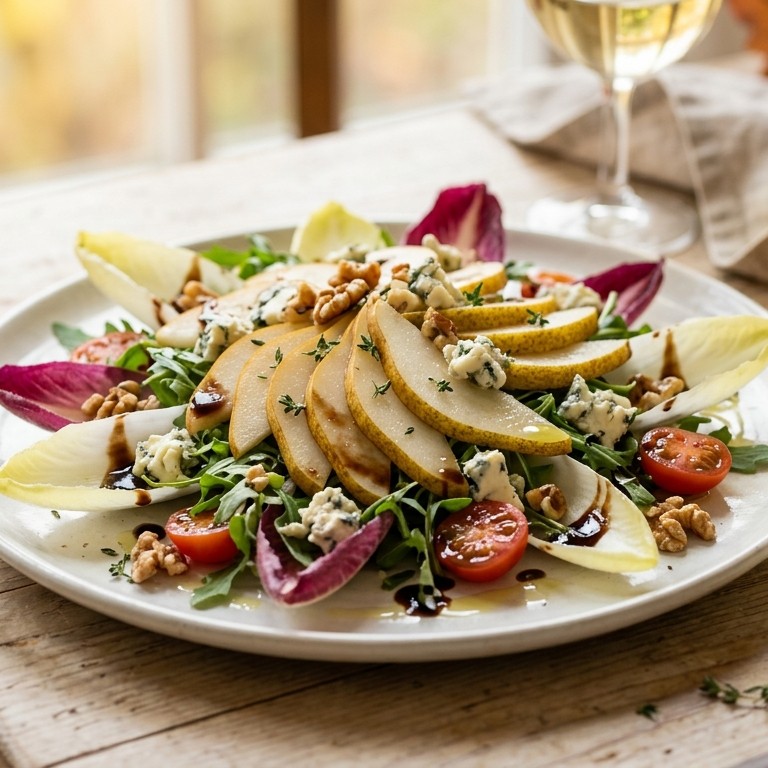 Salade van gorgonzola, witlof en peer