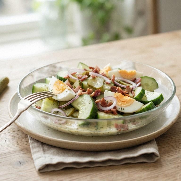 Salade van komkommer, ei, augurk en spekjes
