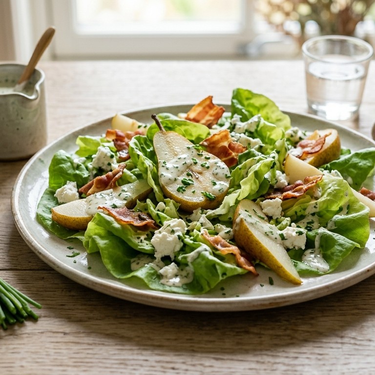 Salade van kropsla, peer en geitenkaas
