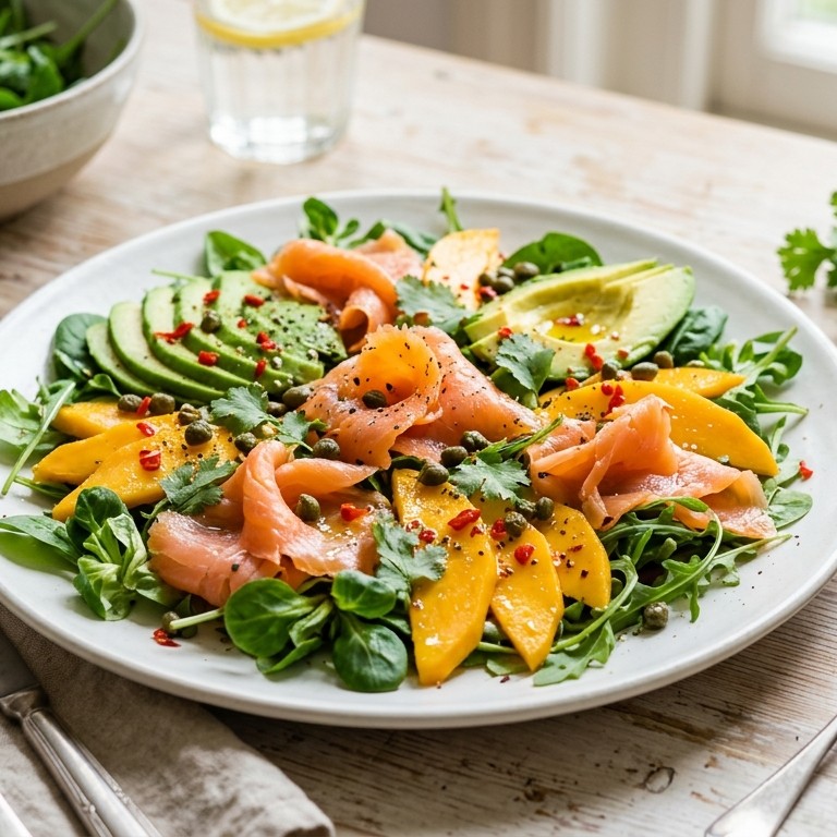 Salade van mango, avocado en zalm