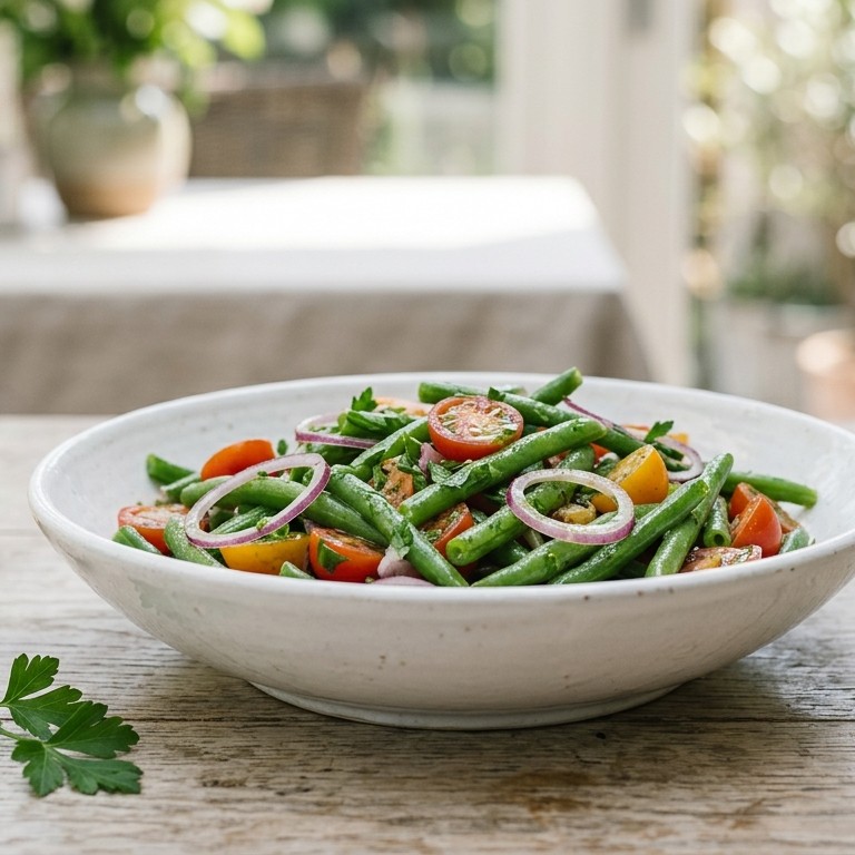 Salade van sperziebonen met tomaat en ui
