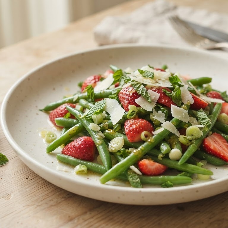 Salade van sperziebonen met verse munt en aardbeien