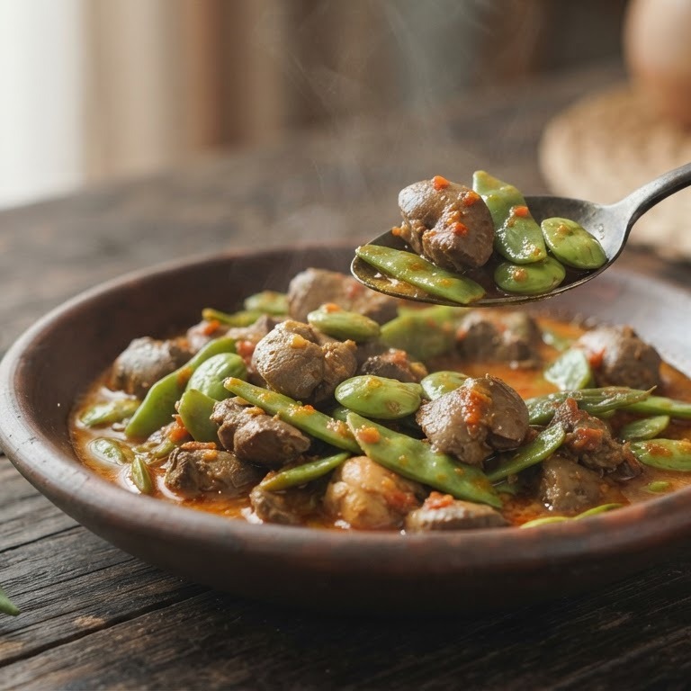 Sambal goreng ati ajam (licht pittige kippenlever met snijbonen)