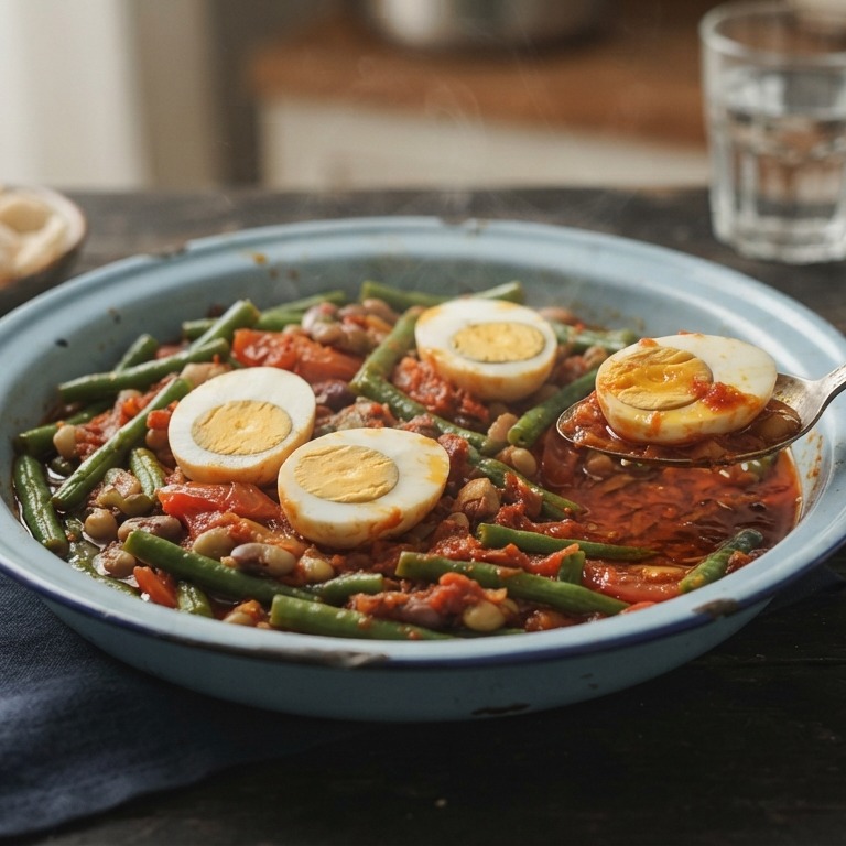 Sambal goreng boncis telor (zeer pittig gekruide eieren met groenten)