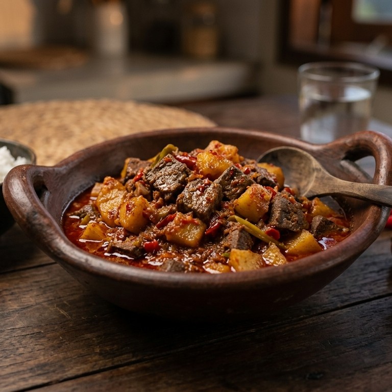 Sambal Goreng Hati Sapi (gestoofde runderlever met ingekookte kokosmelk)
