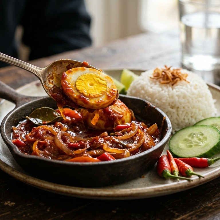 Sambal goreng met ei, rijst en komkommer
