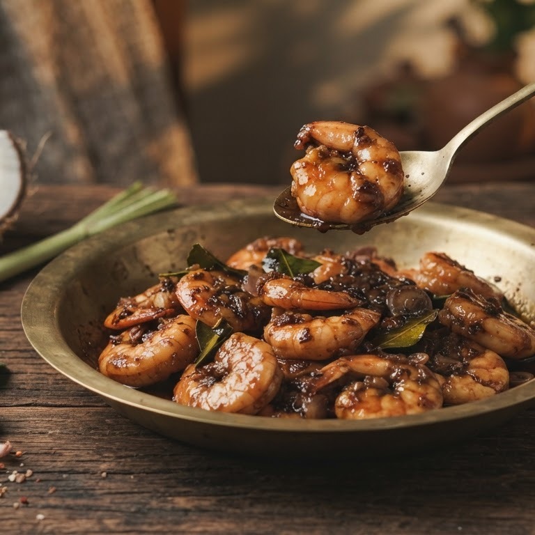 Sambal Goreng Oedang Dengan Asam dan Kelapa (pittig gekruide garnalen met tamarinde en kokos )