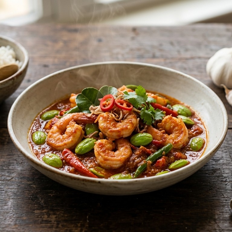 Sambal goreng oedang peteh (licht gekruide garnalen met petehbonen)