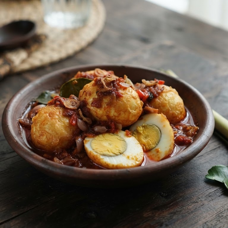 Sambal goreng telor (Gefrituurde sambal eieren)