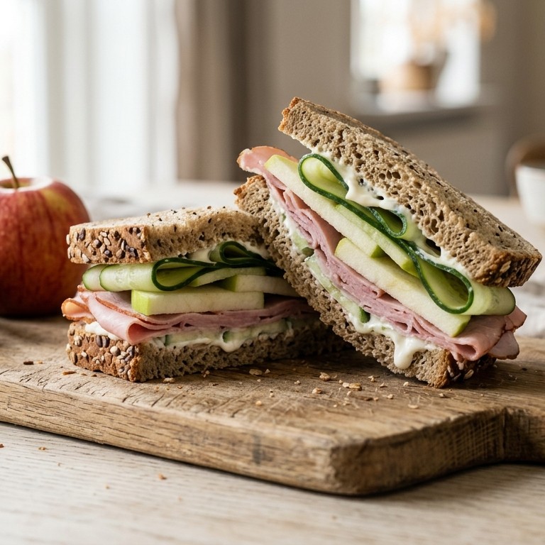 Sandwich gezond met gerookte ham, appel en komkommer