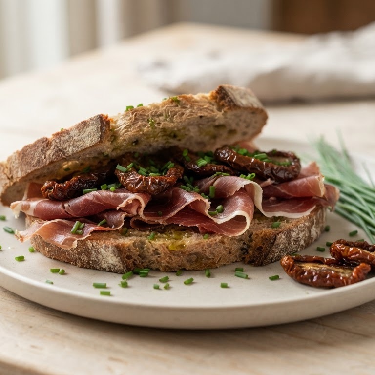 Sandwich met serranoham en zongedroogde tomaten