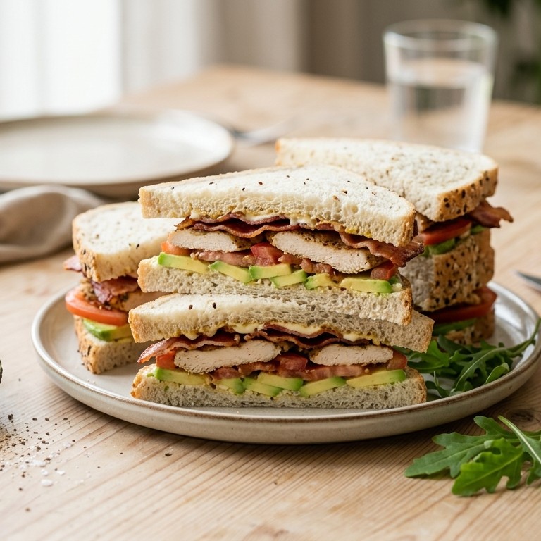 Sandwiches met avocado, tomaat, spek en kipfilet