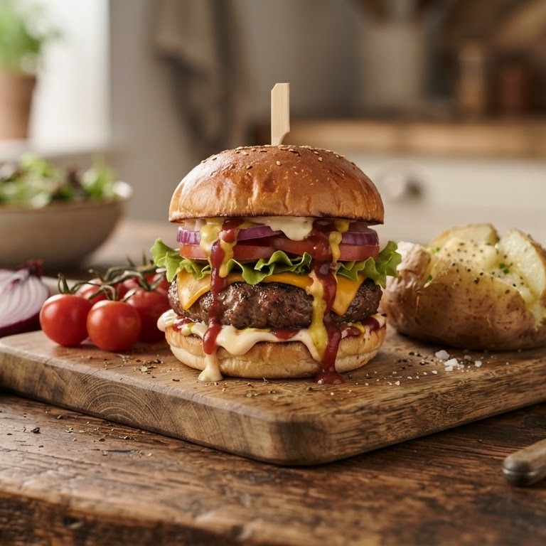 Sappige hamburgers met gepofte aardappels