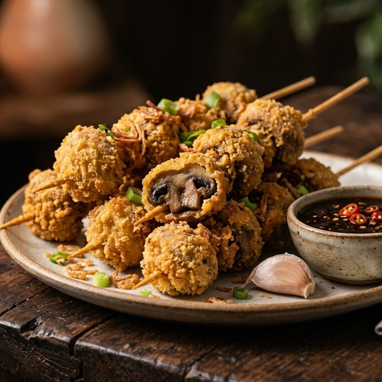 Saté jamur goreng renyah (saté van champignons in een jasje)