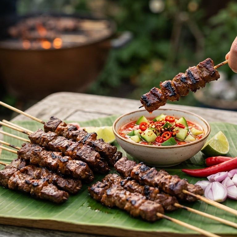 Sate sapi dengan mentimun pedas (rundersaté met pittig gekruide komkommersaus)