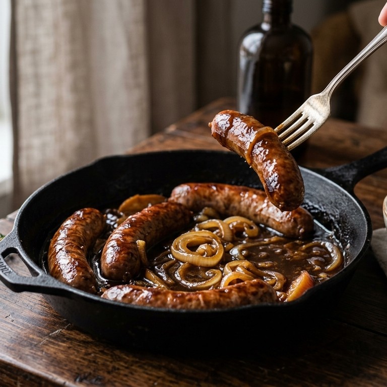 Saucijsjes met uien-appelstroopjus