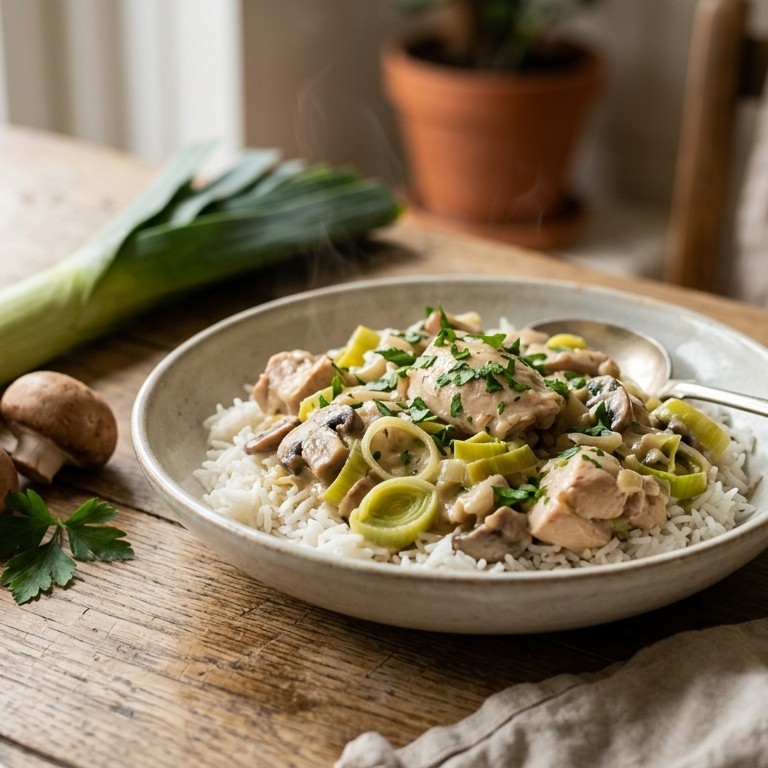 Saus met kip, prei en champignons
