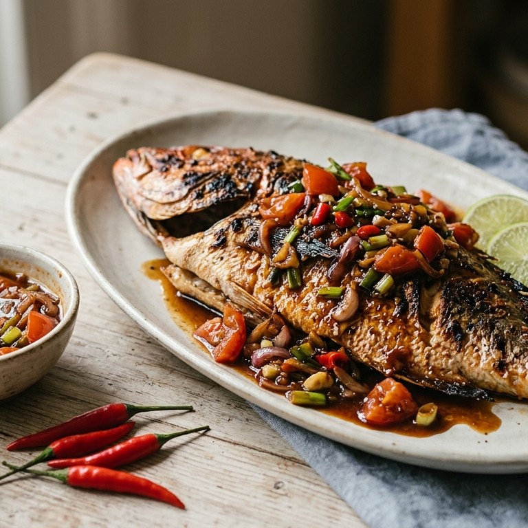 Saus van tomaat en ketjap bij geroosterde of gebakken vis