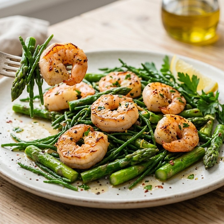 Scampi met geroerbakte asperges en zeekraal