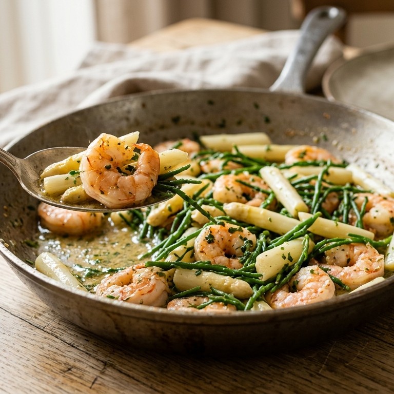 Scampi met geroerbakte asperges en zeekraal