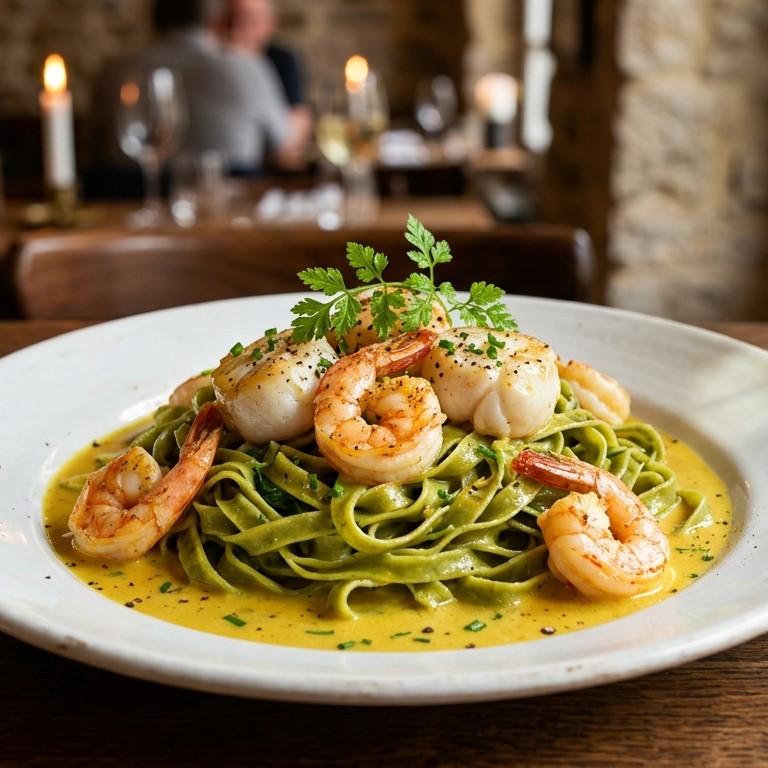 Scampi met zeeduivel en kerriesaus