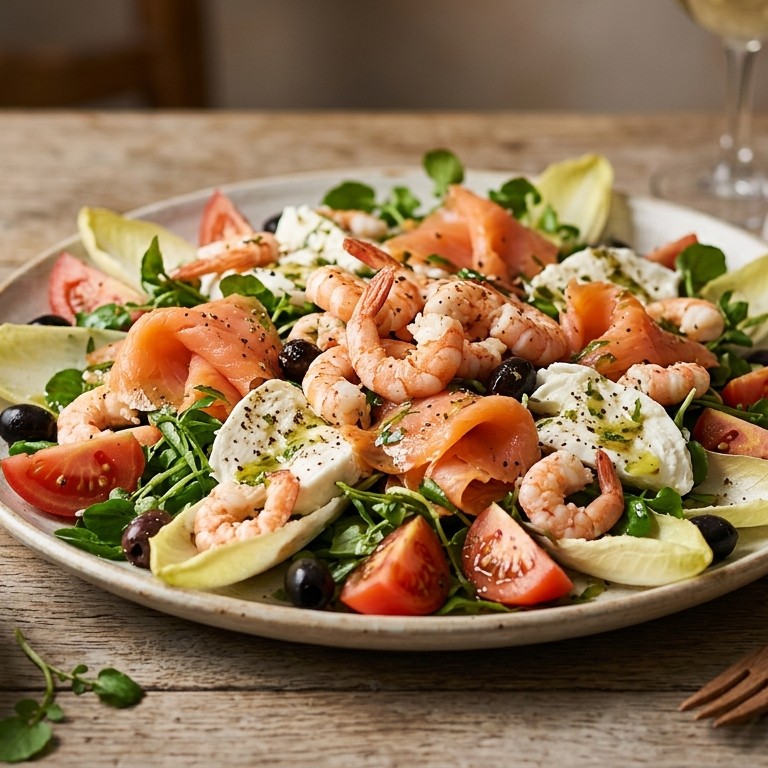 Scampisalade met mozarella en zalm