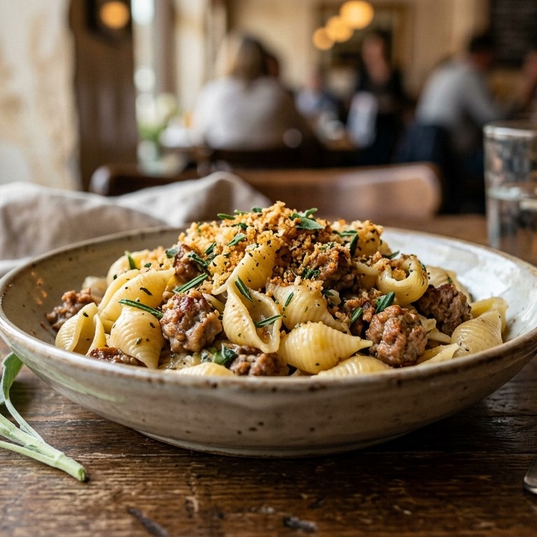 Schelpjespasta met worst en mosterd
